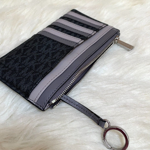 MICHAEL KORS Jet Set Travel Black/Gray Logo Flat Euro Card Case Wallet w/Keyring - Picture 4 of 15